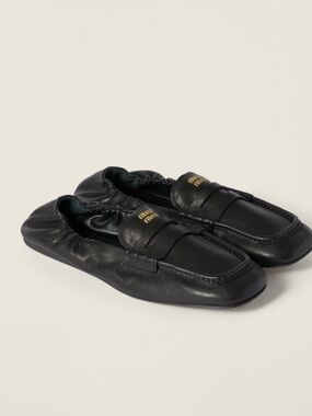 Miu Miu Black nappa Leather Ruches Loafers with gold logo size 39 with box